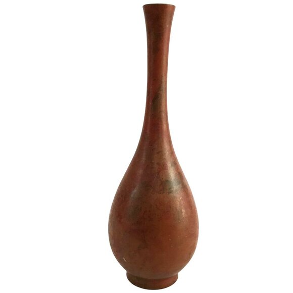 Vintage Japanese Bronze Vase 8.5" Patina Drop Form Slender Neck Ikebana Decor